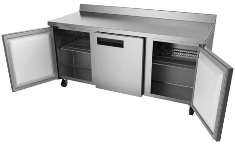 Heavy-Duty 72 Inch Commercial Refrigerator Featuring Three Door Stainless Steel Worktop Design With Reinforced Backsplash And Top Shelf 16.9 Cubic Feet Cool Storage Capacity with two open doors showing shelves.