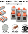 No Hassle Quick Snap Wire Connectors 30 Piece Set 24 To 12 AWG Push In Terminals with orange push buttons, gray PC shell.