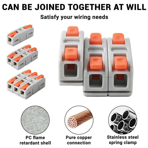 No Hassle Quick Snap Wire Connectors 30 Piece Set 24 To 12 AWG Push In Terminals with orange push buttons, gray PC shell.