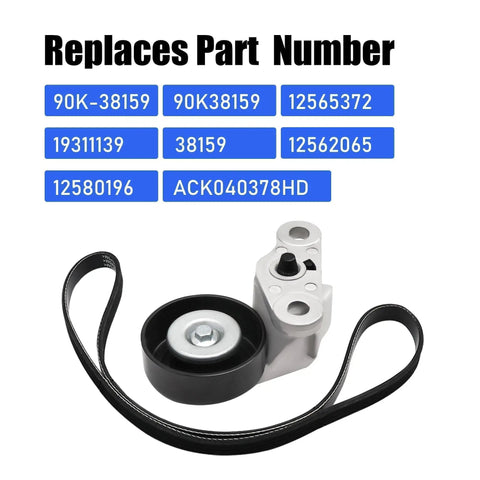 Chevy GMC Air Conditioning Serpentine Drive Belt Tensioner Kit showing replacement part numbers on a white background
