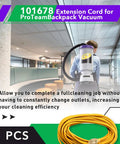 Heavy Duty 50ft Extension Cord For Backpack Vacuums Go-To ProTeam Compatible Replacement 101678 coiled on floor with vacuum