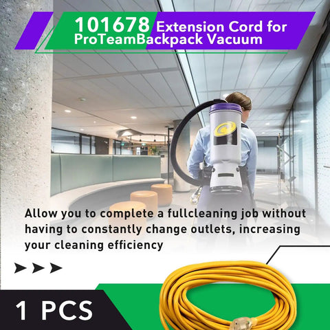 Heavy Duty 50ft Extension Cord For Backpack Vacuums Go-To ProTeam Compatible Replacement 101678 coiled on floor with vacuum