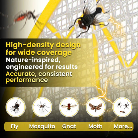 Close-up of Electric Fly Swatter Racket With 3000V Mesh zapping insects, showcasing high-density design and 3-layer protection