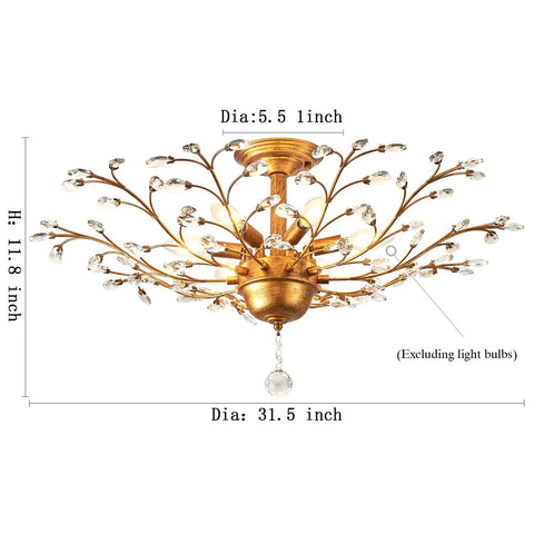 Six Light Crystal Chandelier In Golden Vintage Finish With E12 Edison Style Bulbs, detailed dimensions diagram.