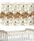 Breathable Cotton Gauze Bed Rail Teething Protector For Baby Crib Sides with bunny print and tan ribbon bows for secure fit.