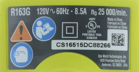 Label on Eight Point Five Amp One And A Half Peak Horsepower Fixed Base Corded Router For Precision Woodworking And Cabinetry