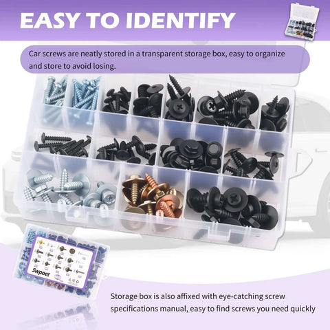 160 Piece Metal Car Screw Kit With 14 Size Options in clear storage box for bumper, mudguard, and interior trim