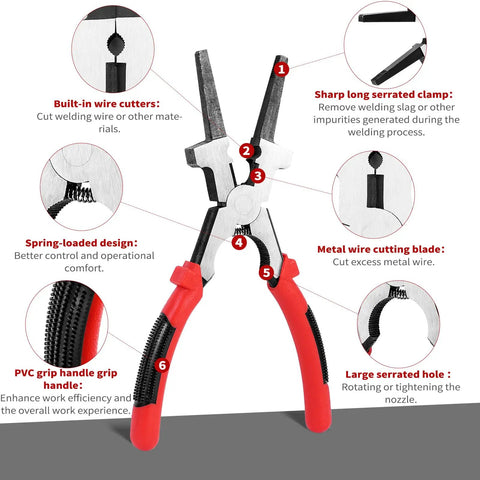 Heavy Duty MIG Welding Pliers With Insulated Handle Long Nose Wire Cutter Pro Grade Multi Function Carbon Steel Welder Pliers For Cutting Splicing Crimping And Gripping Durable Reliable 1 Pack, showing features in diagram