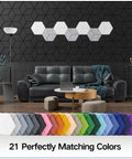 Twelve Pack Peel And Stick Acoustic Wall Panels High Density Sound Proof Foam Tiles Black display with colored options in living room.