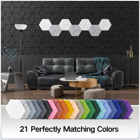 Twelve Pack Peel And Stick Acoustic Wall Panels High Density Sound Proof Foam Tiles Black display with colored options in living room.