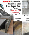 Heavy Duty Steel Seamless Floor Hatch With Dual Hydraulic Smooth Pop Up Struts For Recessed Basement Access Panel And Cellar Door Entry 58 By 29 Inch featuring glue installation on various floor types.