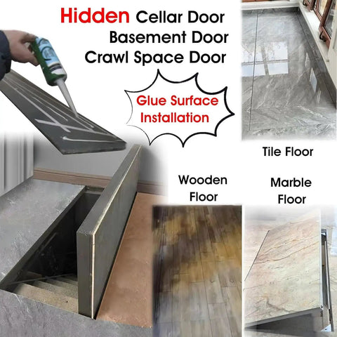 Heavy Duty Steel Seamless Floor Hatch With Dual Hydraulic Smooth Pop Up Struts For Recessed Basement Access Panel And Cellar Door Entry 58 By 29 Inch featuring glue installation on various floor types.