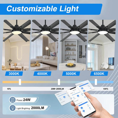 Customizable lighting options for Beefy 72 Inch Ceiling Fan With Light, Industrial Style With 8 Aluminum Blades, Alexa compatible.