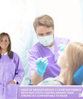 Knee Length Lab Coats 50G SMS, Unisex 10 Pack, Anti Static, Purple, worn by dental professionals.