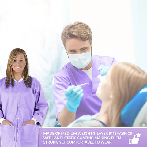 Knee Length Lab Coats 50G SMS, Unisex 10 Pack, Anti Static, Purple, worn by dental professionals.