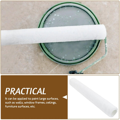 White Fiber Paint Roller Sleeve For Small Frames, Hella Smooth Low Lint Cover positioned over paint tray for easy use.