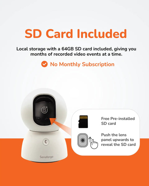 2.5K Pan-Tilt Security Camera With 360 Degree View, Dual Band WiFi, AI Human And Pet Detection, Cloud Storage Plus 64GB SD Card, Two Way Talk, Optional AI Storage Upgrade, White. SD card included, push panel for access.