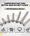 Top Shelf Stainless Steel Button Head Torx Security Screws With T20 Bit, M4 Assortment Kit, 100 Pcs Tamper Proof Fasteners displayed in a row.