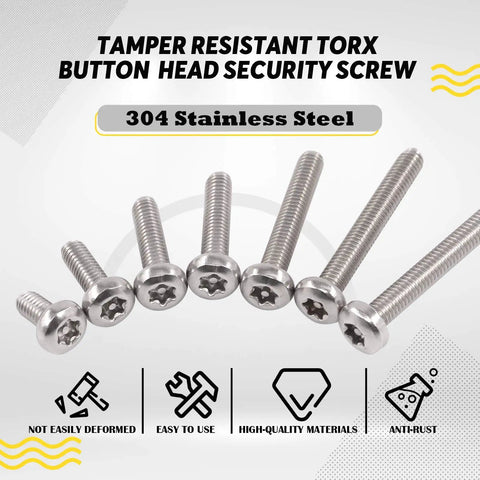 Top Shelf Stainless Steel Button Head Torx Security Screws With T20 Bit, M4 Assortment Kit, 100 Pcs Tamper Proof Fasteners displayed in a row.
