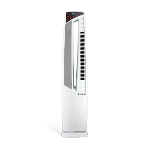 All Season Hybrid Oscillating Fan And Space Heater For Home Use With Remote Control Timer Thermostat Tip Over Switch 1500W Ceramic Heater And High Velocity Tower Fan 37.5 Inches White front view