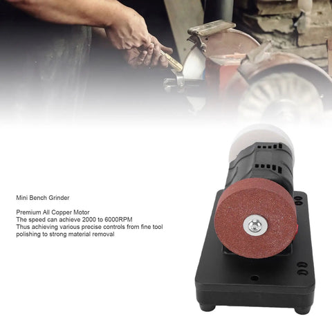 Depisuta Mini Bench Grinder Compatible With 20V Battery Tools, features full copper motor and dual grinding wheels, ideal for sharpening.