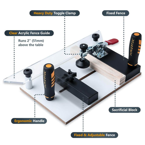 Pro Grade Rail Coping Sled For Router Tables And Jigs with adjustable clamps, sacrificial block, and acrylic fence guide.