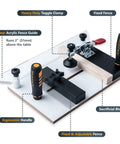 Rail Coping Sled With 2-Inch Slab Flattening Router Bit shown with heavy duty toggle clamp, fixed and adjustable fence.