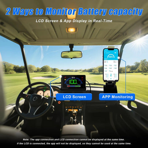 36V 105Ah LiFePO4 Lithium Golf Cart Battery monitoring setup showing LCD screen and app display for real-time capacity tracking.