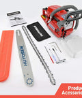62cc Gas Chainsaw With 18 Inch Bar, accompanied by accessories including chain, blade cover, tools, and manual