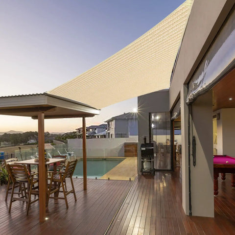 Beige 5 By 8 Foot Sun Shade Sail With Straight Edge For Patio And Pergola Outdoor UV Protected HDPE Shade Fabric Rectangle Awning Cloth With Corner D Rings Customizable Size installed over patio