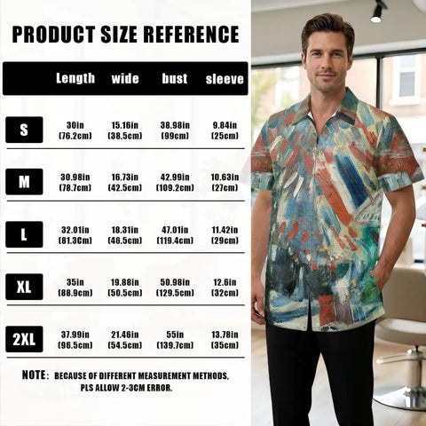 Model wearing Colorful Art Print Hair Stylist Smock Zip Up Waterproof Repellent Yet Breathable Coat, size chart displayed.