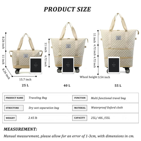 Beige quilted rolling duffle bag set with wheels in 25L, 40L and 55L sizes; waterproof Oxford cloth, Amazon brand.