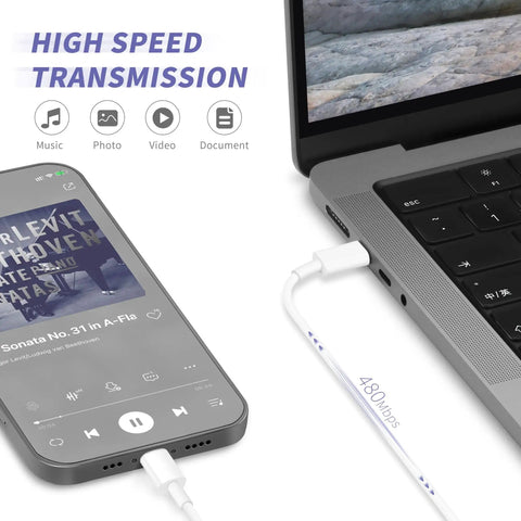 Two Pack 20W USB C PD Fast Charger Block with 6ft USB C to Lightning cable connecting iPhone and laptop for high-speed transmission