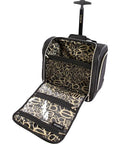 Open black under the seat carry-on luggage with push button trolley handle, inline skate wheels, gold accents, and large main compartment.