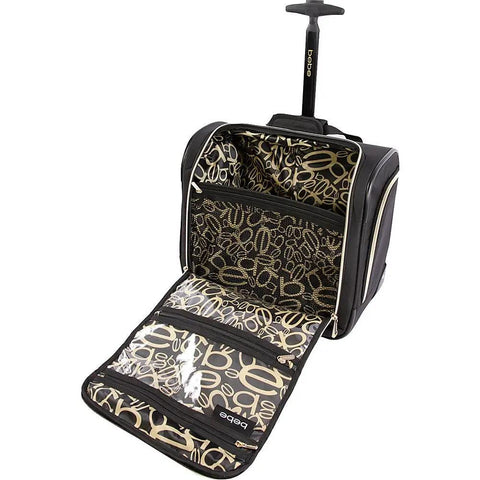 Open black under the seat carry-on luggage with push button trolley handle, inline skate wheels, gold accents, and large main compartment.
