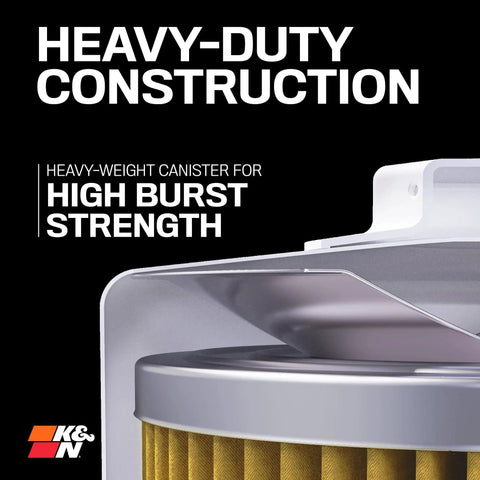Close-up of Top Notch Premium Oil Filter with wrench off nut for heavy-duty construction and high burst strength