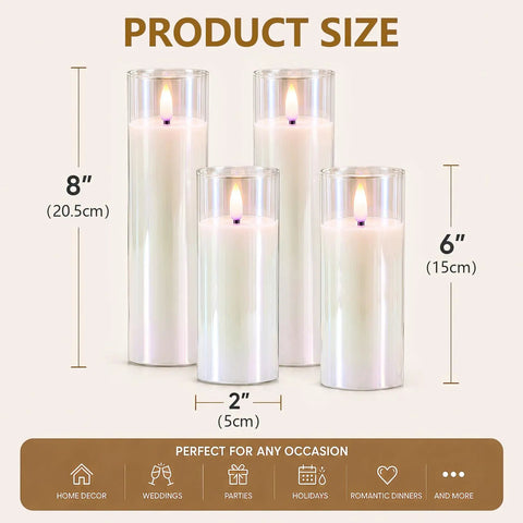 Pearlescent Glass Battery Operated LED Candles Set Of 4 Slim Flameless Candles With Remote Control Warm White Glow 8 to 6 inches high