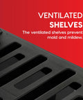 Ventilated shelves on Four Shelf Beefy Heavy Duty Plastic Storage Shelves With 600 Pound Capacity, black modular storage rack.