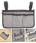 Senior Bedside Rail Organizer With Four Compartments And Cup Holder, Pongee storage for bed rails, shown in various settings.