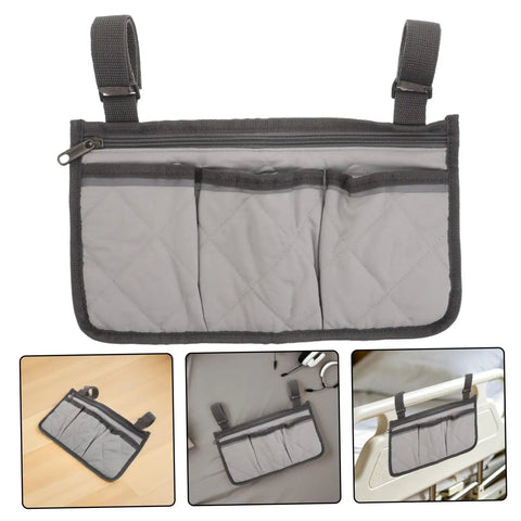 Senior Bedside Rail Organizer With Four Compartments And Cup Holder, Pongee storage for bed rails, shown in various settings.