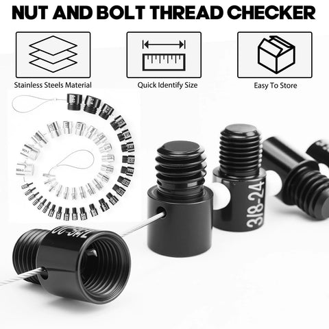 Nut and bolt thread checker gauge set, front view; black caps, circular rack of 24 SAE/INCH and 21 metric gauges.