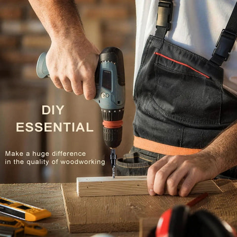 Person using drill with Five Piece Tapered Countersink Drill Bit Set For Wood With HSS And Quick Change Hex Shank on wood plank