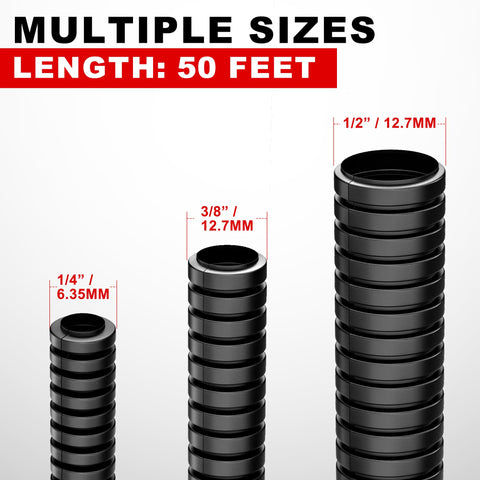 Split Wire Loom Kit 1/4 Inch 1/2 Inch 3/8 Inch 50 Ft Bulk Flexible Electrical Conduit Cable Sleeves sizes shown