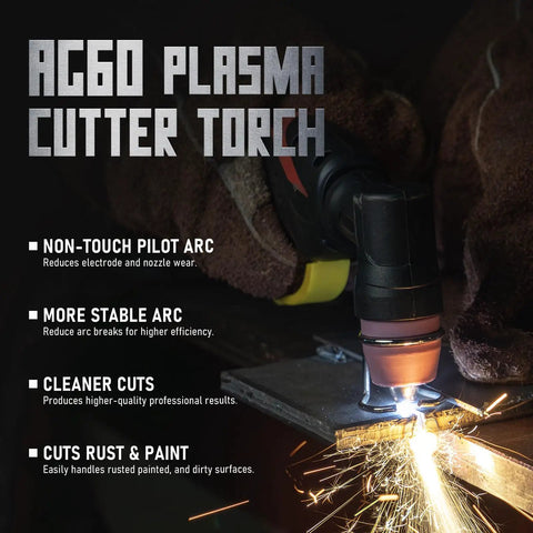 AG60 Plasma Cutter Torch in action, showing non-touch pilot arc creating cleaner cuts on metal surface, highlighting features.