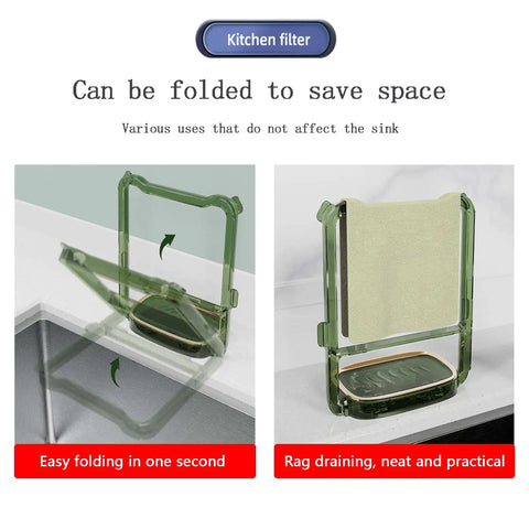 Foldable Kitchen Sink Strainer With Filter Rack And 100 Disposable Fine Mesh Bags shown folding and draining in sink