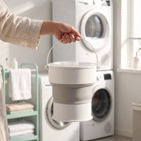 Compact Folding Mini Washing Machine Portable Laundry Basin Road Trip Ready Dorm Staple Gentle Cycle For Underwear And Socks, held in hand.