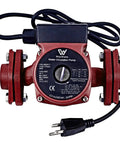 110V Hot Water Recirculating Pump With Three Speed Settings And 13 Gpm Flow, red housing, electric cord, compact design.