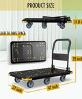 Heavy Duty Foldable Platform Cart With Six Wheels And 2000 Pound Capacity, shown folded and open, dimensions highlighted.
