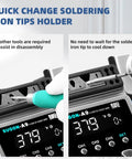 Quick change tips holder on Pro Grade 120W Soldering Station With 2 Second Heat Up To 716F showcasing easy tip replacement.
