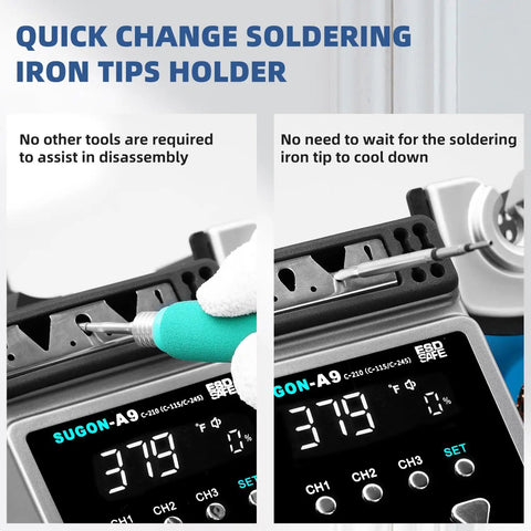 Quick change tips holder on Pro Grade 120W Soldering Station With 2 Second Heat Up To 716F showcasing easy tip replacement.